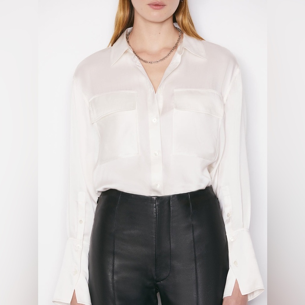Frame The Satansard Stretch Silk Button-Up Shirt in Off White